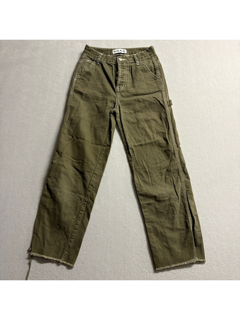 S.O.N.G. Carpenter Jeans Womens 00/23 Olive Green High Rise Raw Hem Wide Leg